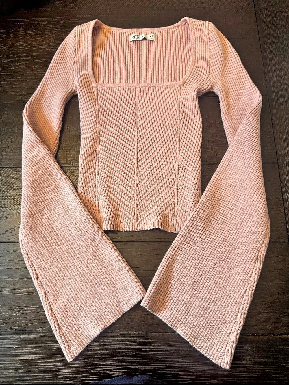 Hollister Size XS Pink Ribbed Sweater Square Neck and Bell Sleeves